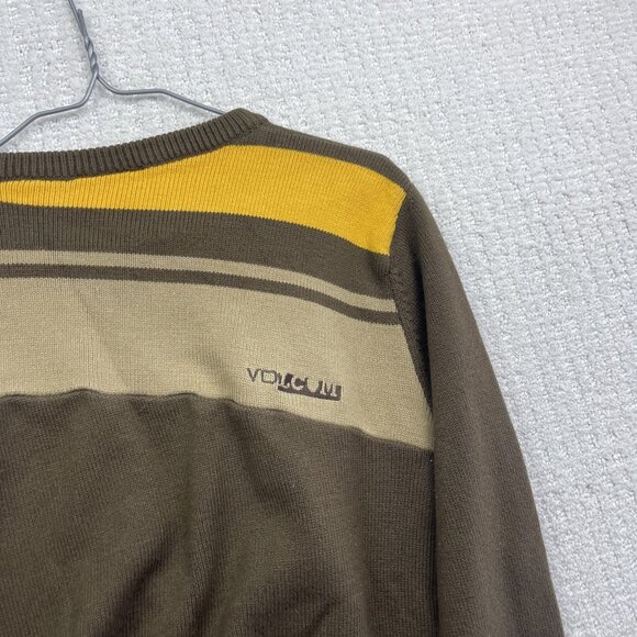 Y2K Volcom Mens M Brown / Yellow Long Sleeve Stripe Thermal Shirt Sweater Knit - Picture 13 of 14